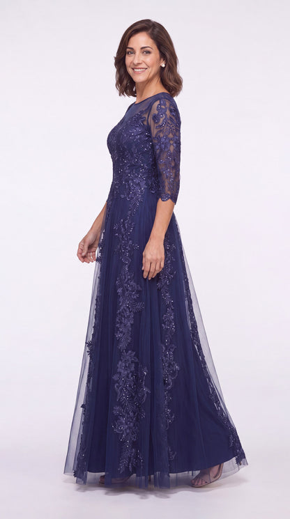 Illusion Bateau Neck Lace Applique A-Line Maxi Gown - Detail View 2