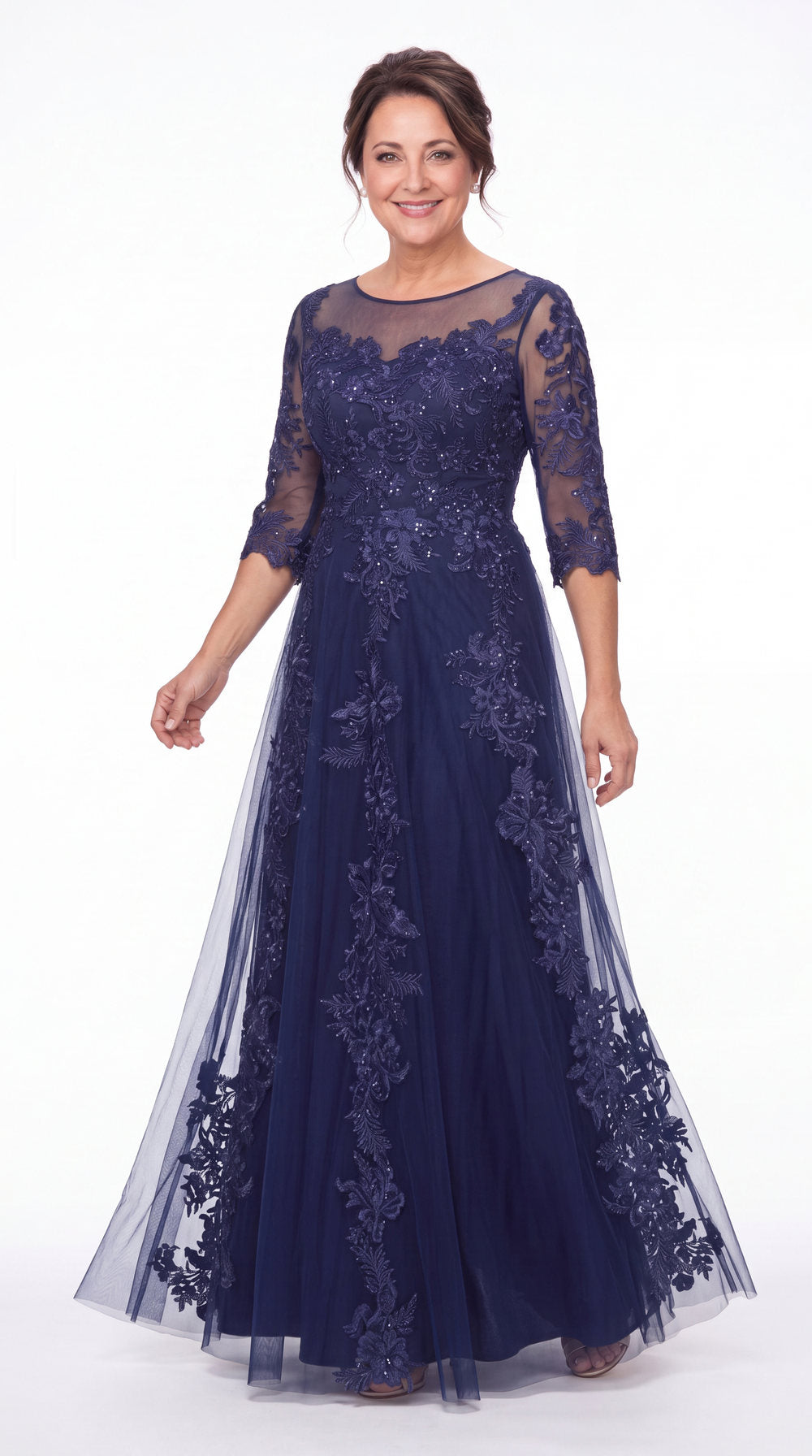 Illusion Bateau Neck Lace Applique A-Line Maxi Gown - Detail View 3