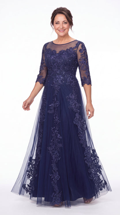 Illusion Bateau Neck Lace Applique A-Line Maxi Gown - Detail View 3