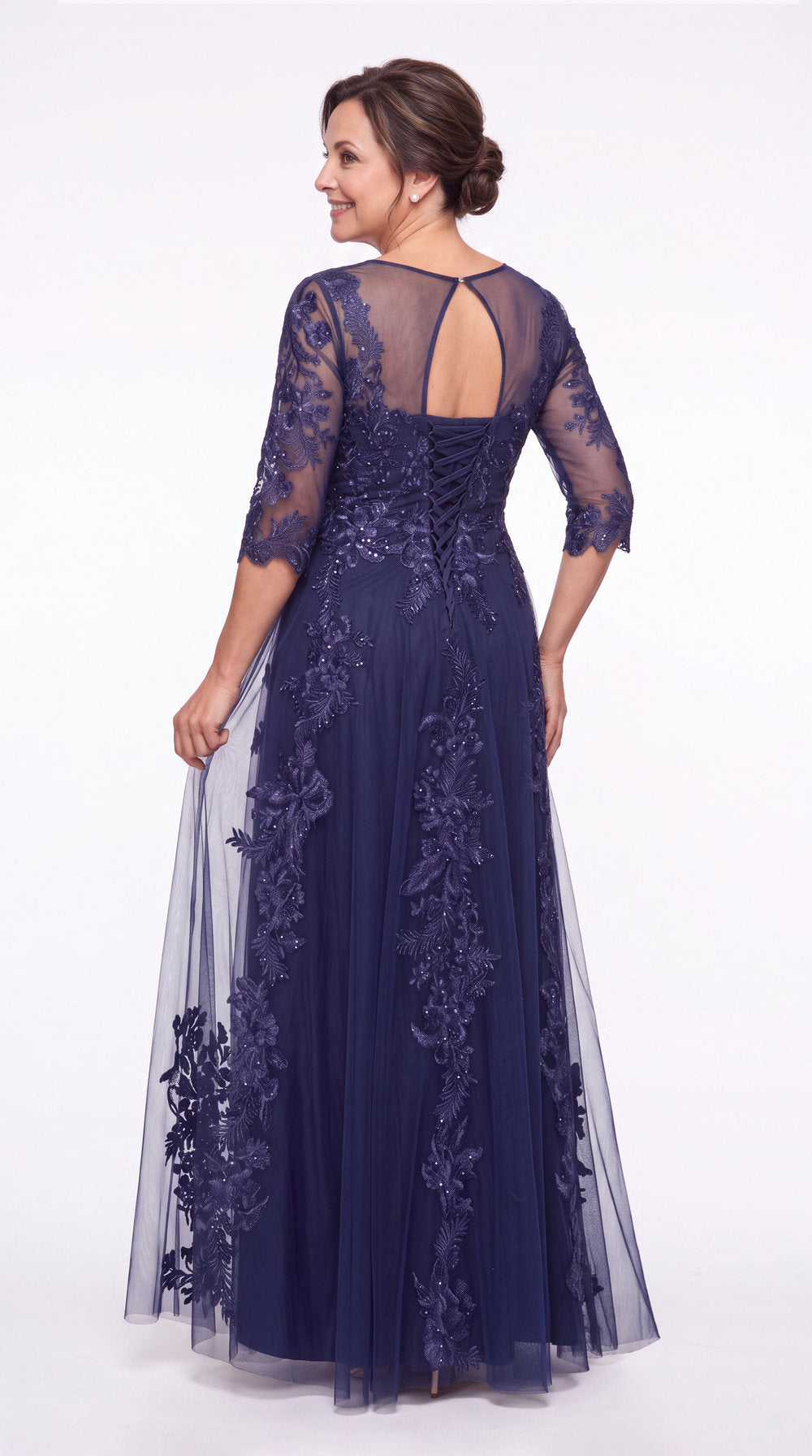 Illusion Bateau Neck Lace Applique A-Line Maxi Gown - Detail View 4