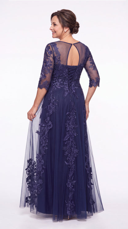 Illusion Bateau Neck Lace Applique A-Line Maxi Gown - Detail View 4