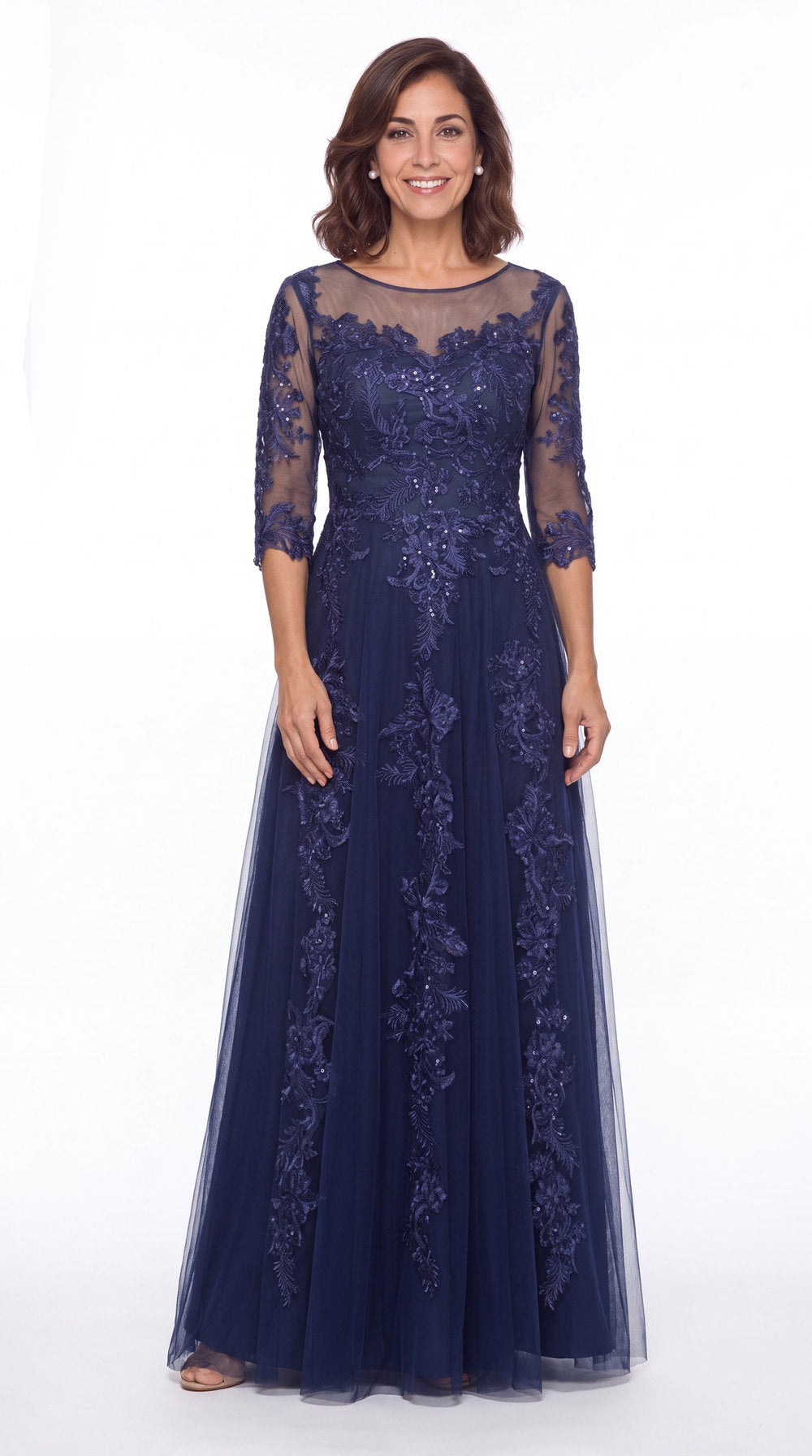 Illusion Bateau Neck Lace Applique A-Line Maxi Gown - Detail View 5