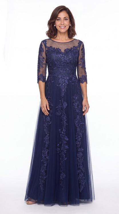 Illusion Bateau Neck Lace Applique A-Line Maxi Gown - Detail View 5