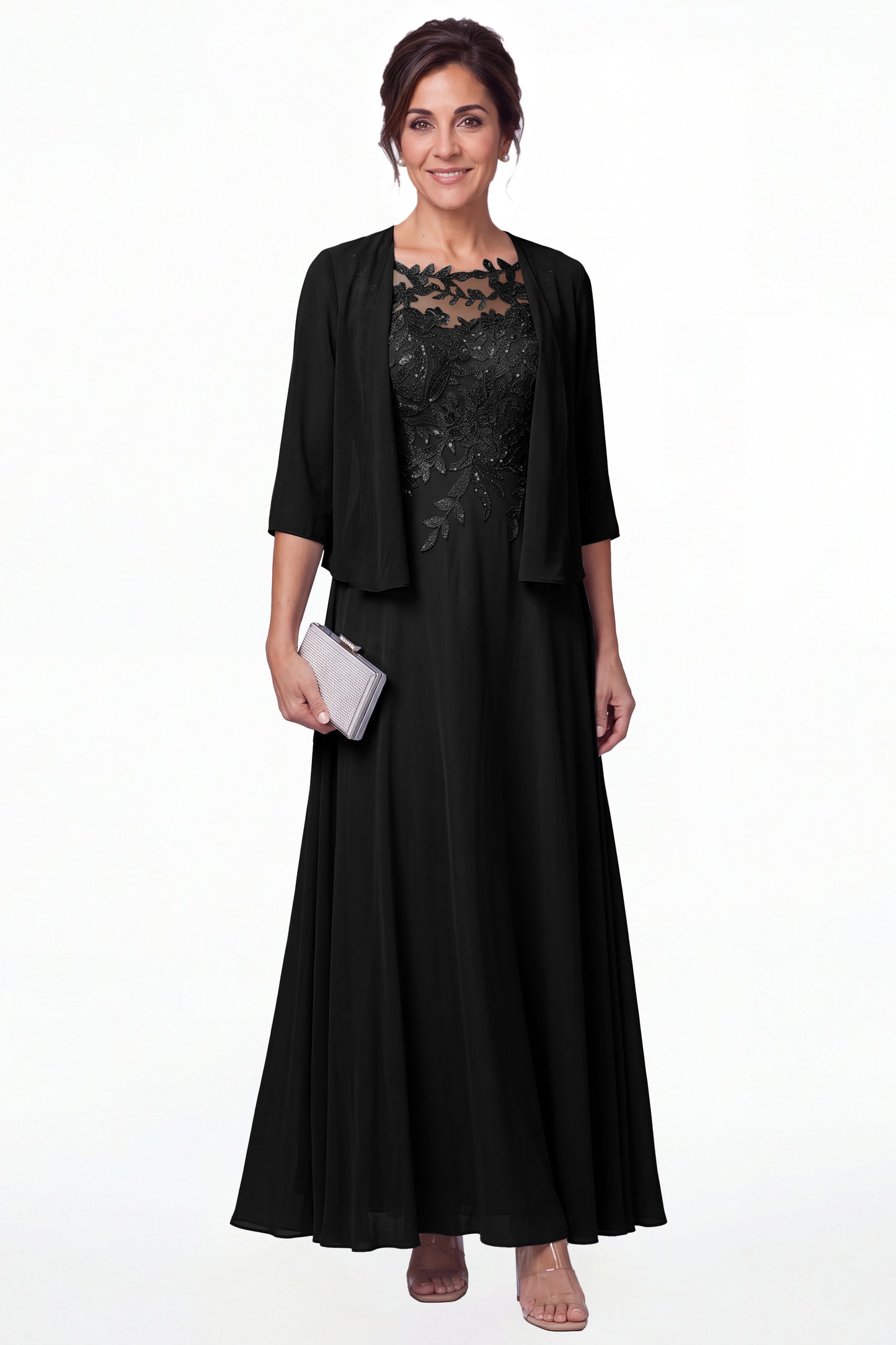 Black Two-Piece Lace Chiffon Maxi Gown - Front View