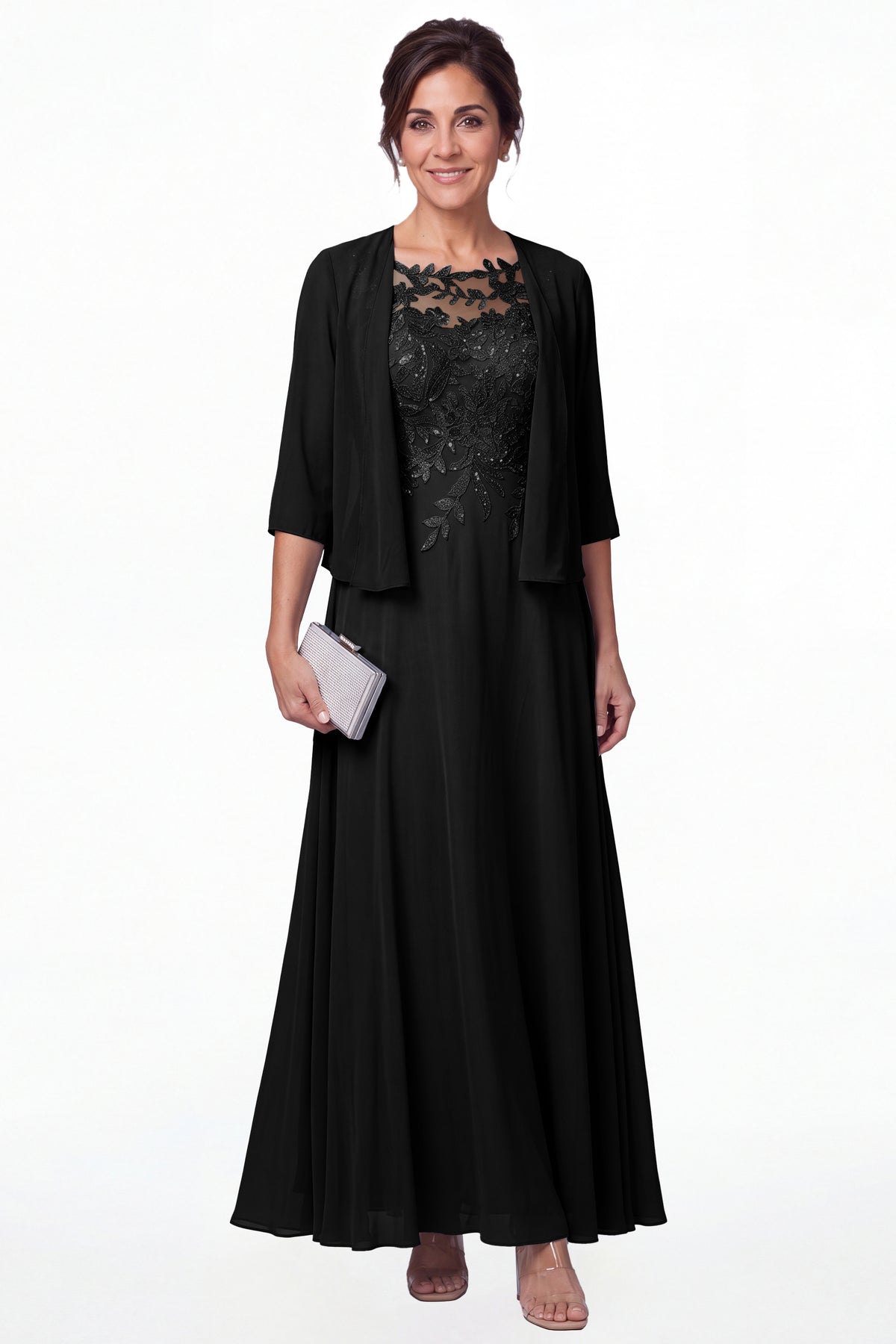 Black Two-Piece Lace Chiffon Maxi Gown - Front View
