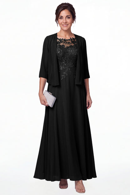 Black Two-Piece Lace Chiffon Maxi Gown - Front View