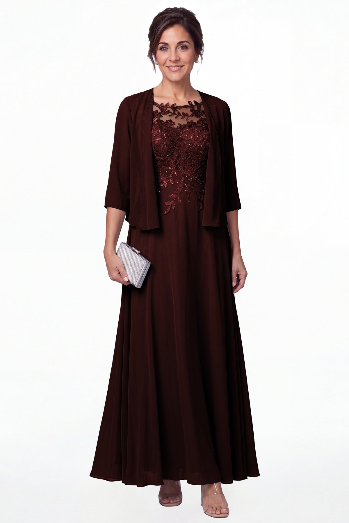 Burgundy Two-Piece Lace Chiffon Maxi Gown - Front View