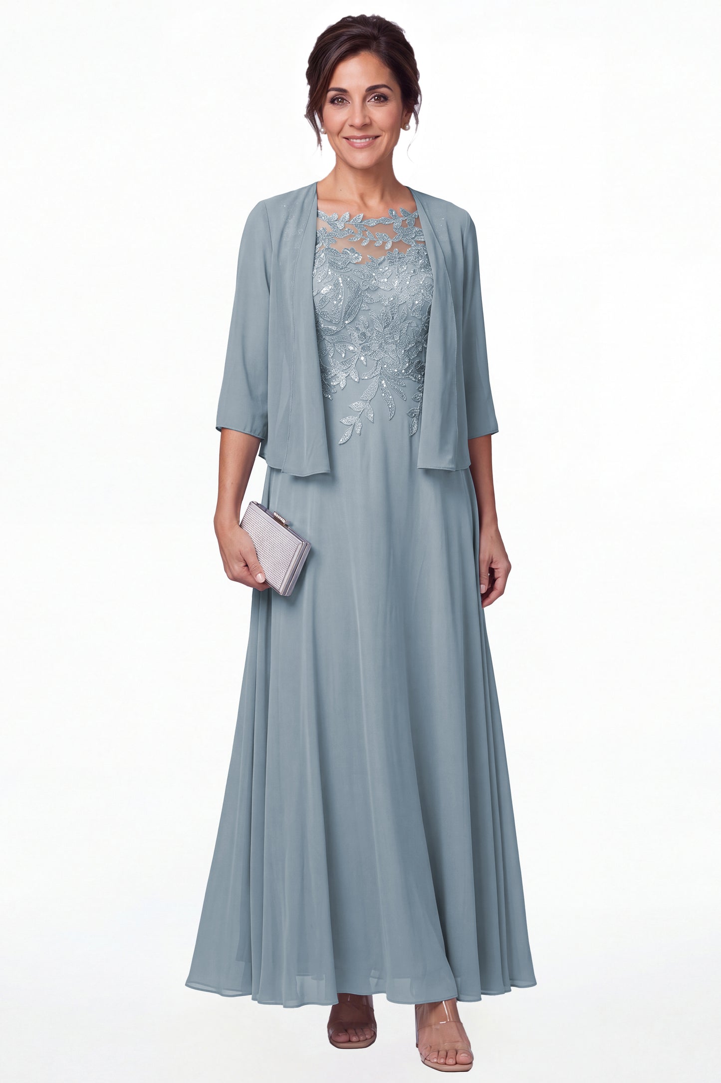 Dusty Blue Two-Piece Lace Chiffon Maxi Gown - Front View
