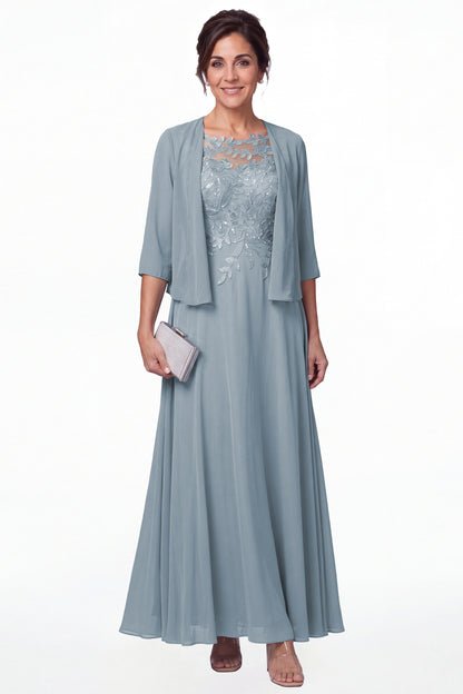 Dusty Blue Two-Piece Lace Chiffon Maxi Gown - Front View