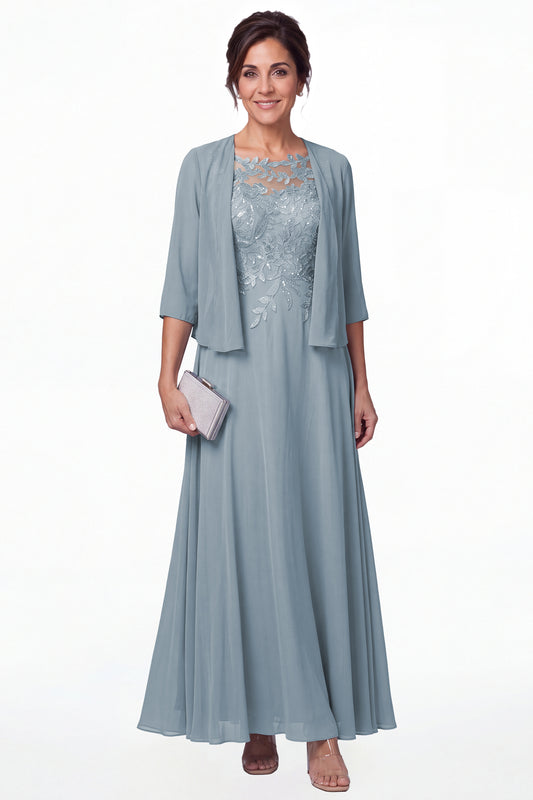 Dusty Blue Two-Piece Lace Chiffon Maxi Gown - Front View