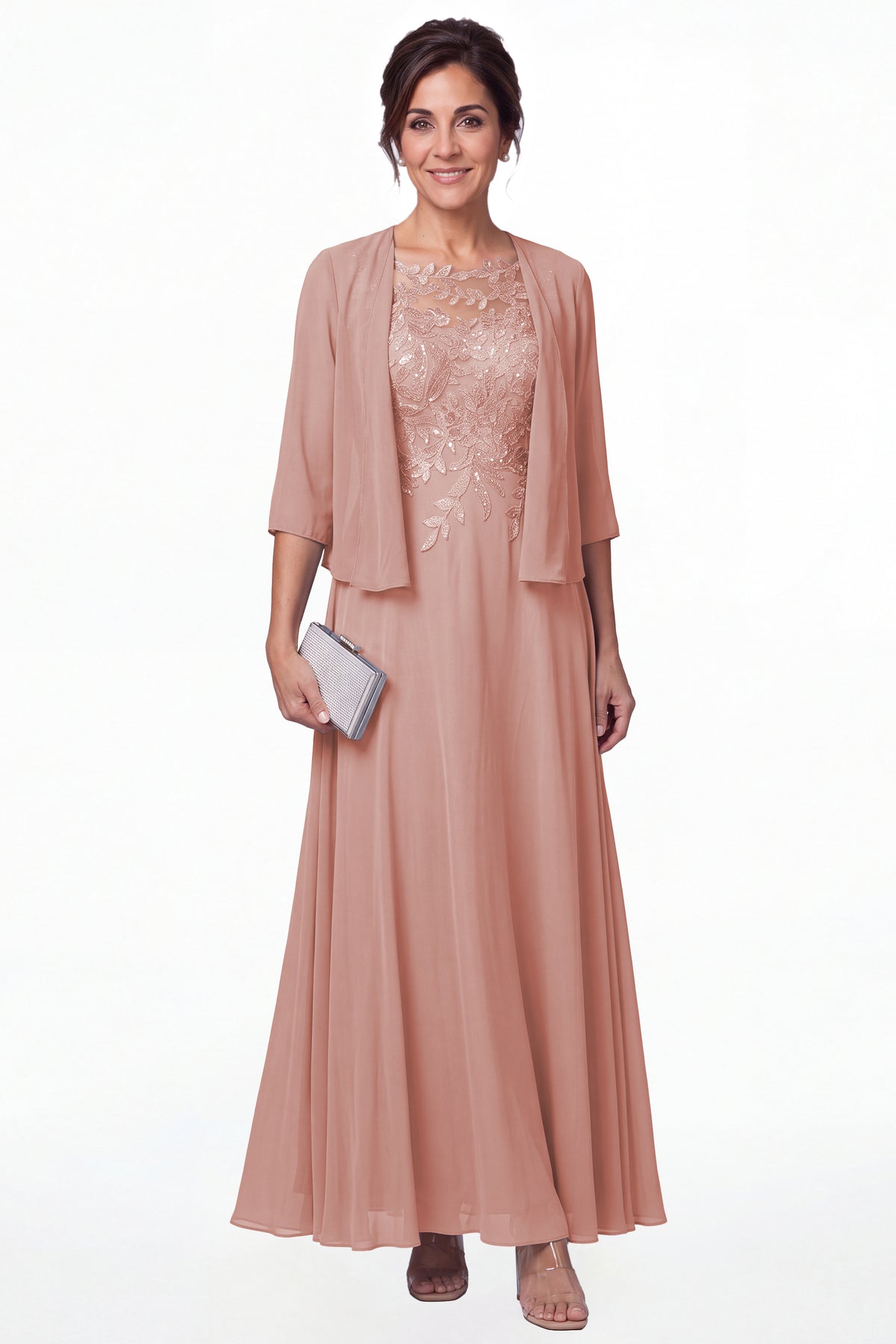 Dusty Rose Two-Piece Lace Chiffon Maxi Gown - Front View