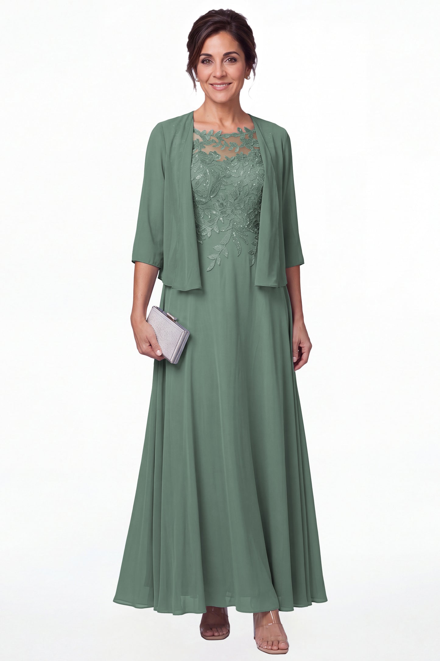 Eucalyptus Two-Piece Lace Chiffon Maxi Gown - Front View