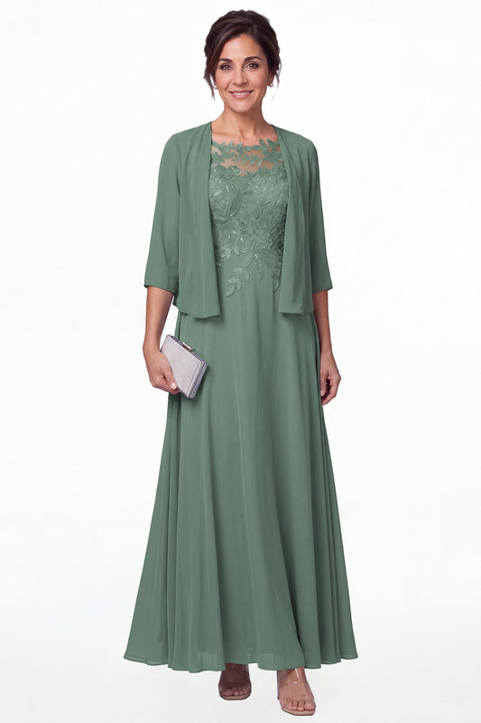 Eucalyptus Two-Piece Lace Chiffon Maxi Gown - Front View