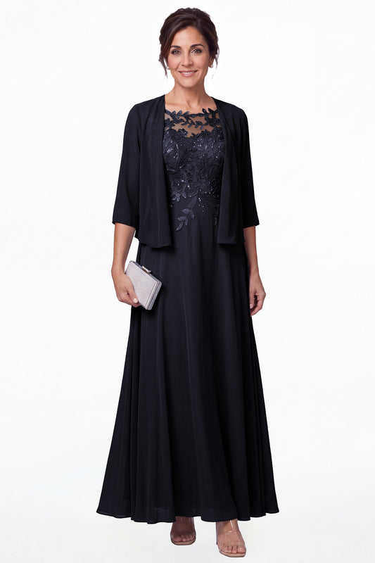 Navy Blue Two-Piece Lace Chiffon Maxi Gown - Front View