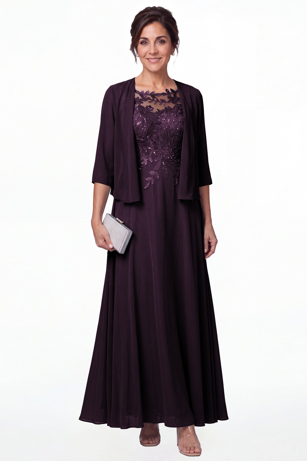 Plum Two-Piece Lace Chiffon Maxi Gown - Front View