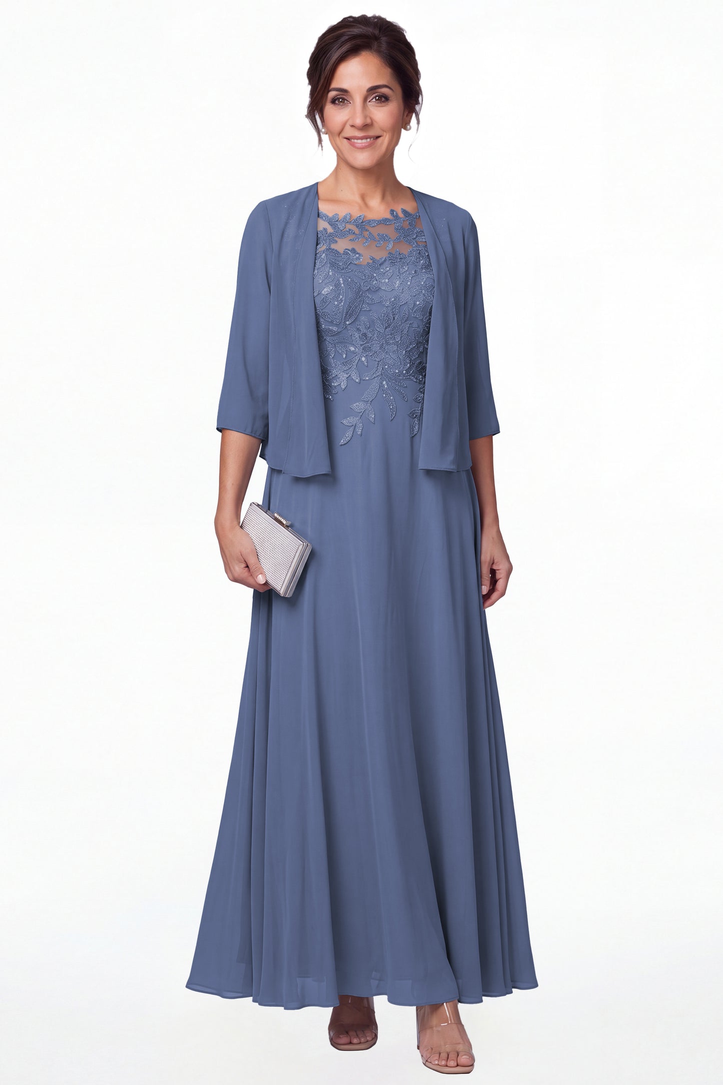 Steel Blue Two-Piece Lace Chiffon Maxi Gown - Front View