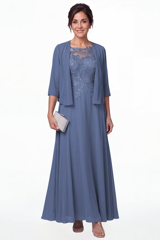 Steel Blue Two-Piece Lace Chiffon Maxi Gown - Front View