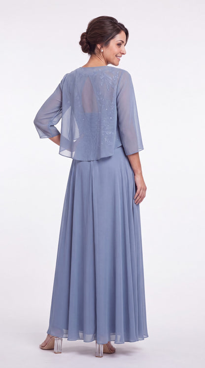 Dusty Blue Two-Piece Lace Chiffon Maxi Gown - Front View