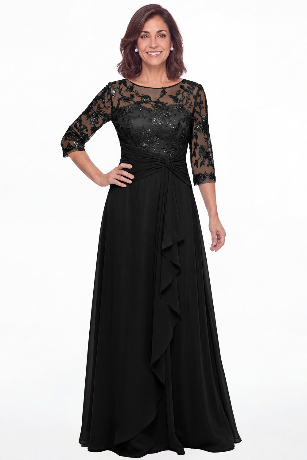 Black Illusion Lace Ruffle Chiffon A-Line Maxi Gown - Front View