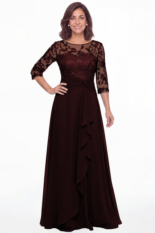 Burgundy Illusion Lace Ruffle Chiffon A-Line Maxi Gown - Front View