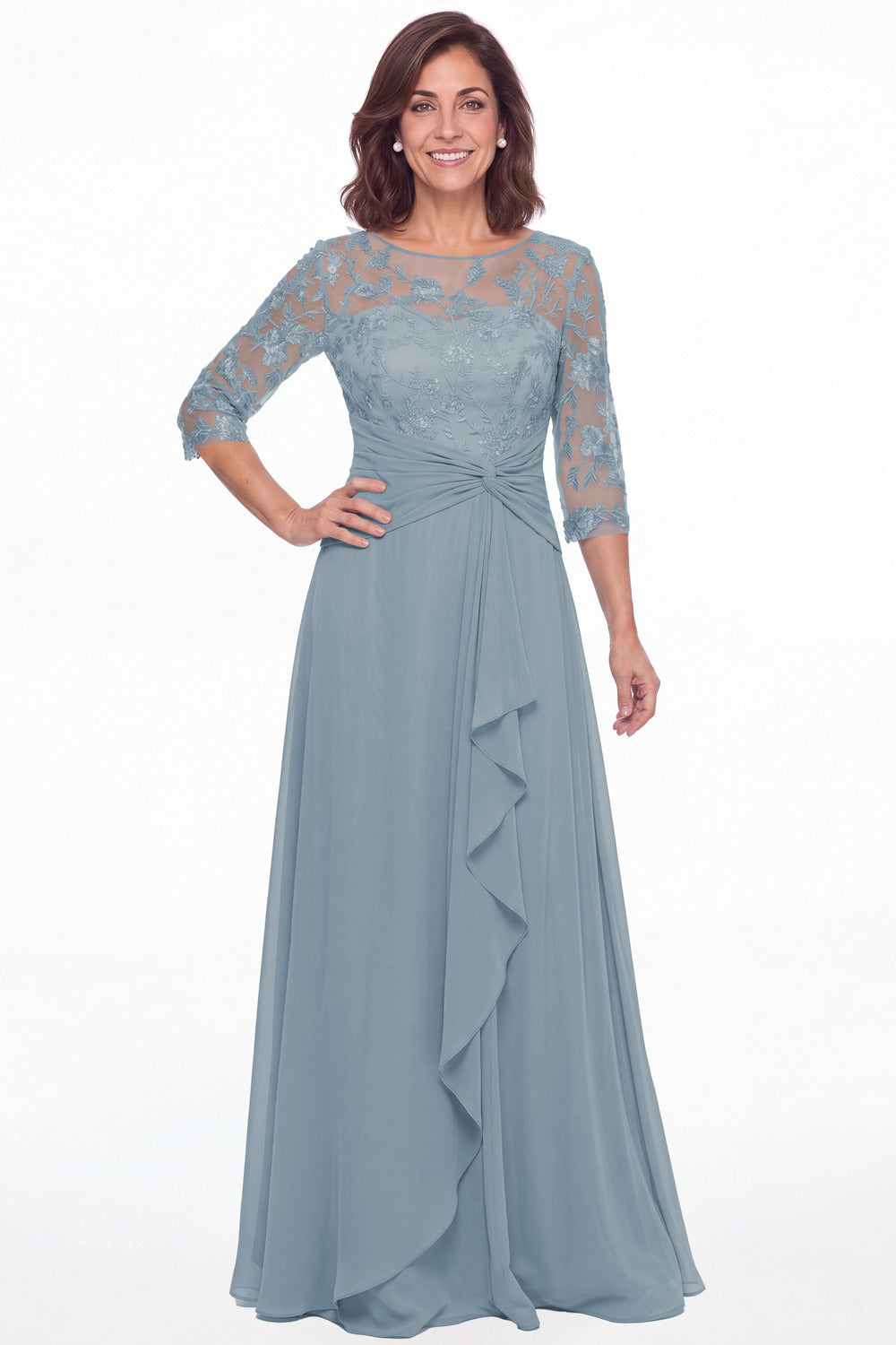 Dusty Blue Illusion Lace Ruffle Chiffon A-Line Maxi Gown - Front View