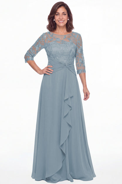Dusty Blue Illusion Lace Ruffle Chiffon A-Line Maxi Gown - Front View