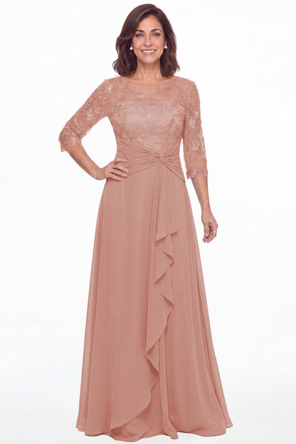 Dusty Rose Illusion Lace Ruffle Chiffon A-Line Maxi Gown - Front View