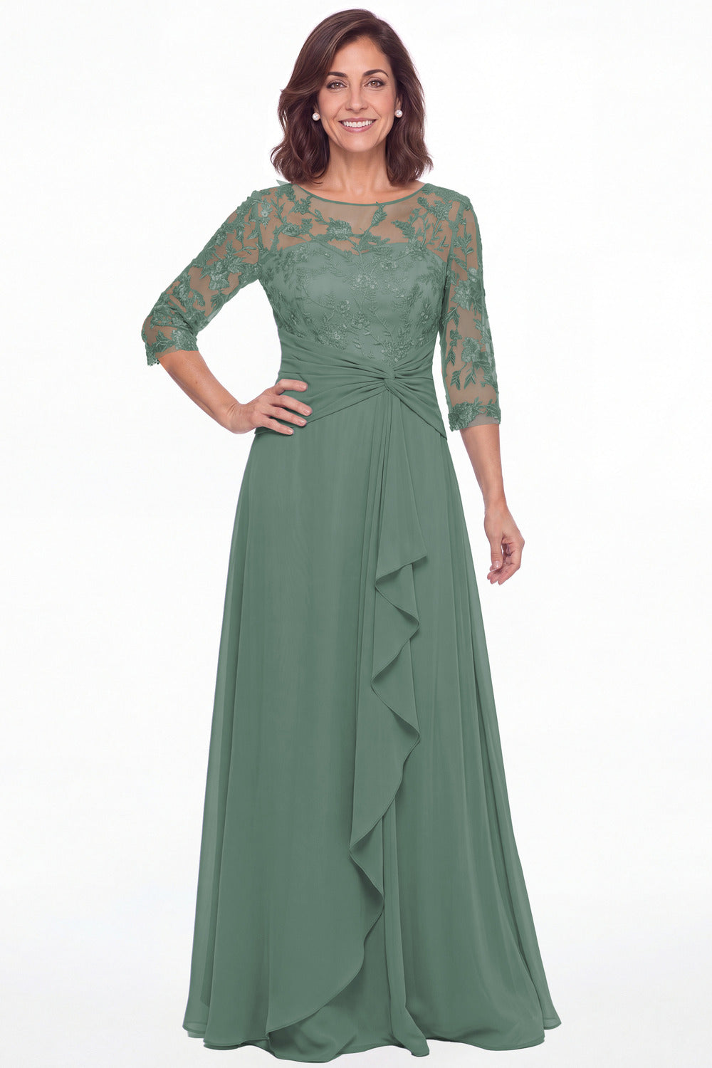 Eucalyptus Illusion Lace Ruffle Chiffon A-Line Maxi Gown - Front View