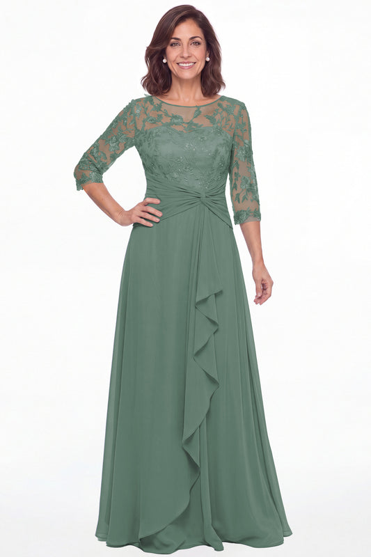 Eucalyptus Illusion Lace Ruffle Chiffon A-Line Maxi Gown - Front View