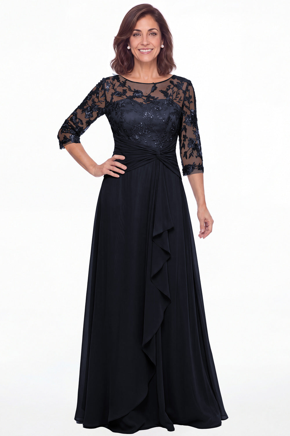 Navy Blue Illusion Lace Ruffle Chiffon A-Line Maxi Gown - Front View
