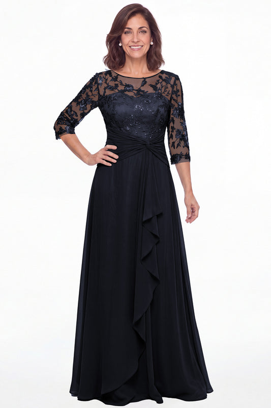 Navy Blue Illusion Lace Ruffle Chiffon A-Line Maxi Gown - Front View