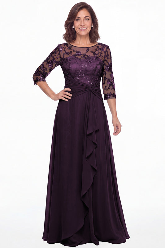Plum Illusion Lace Ruffle Chiffon A-Line Maxi Gown - Front View