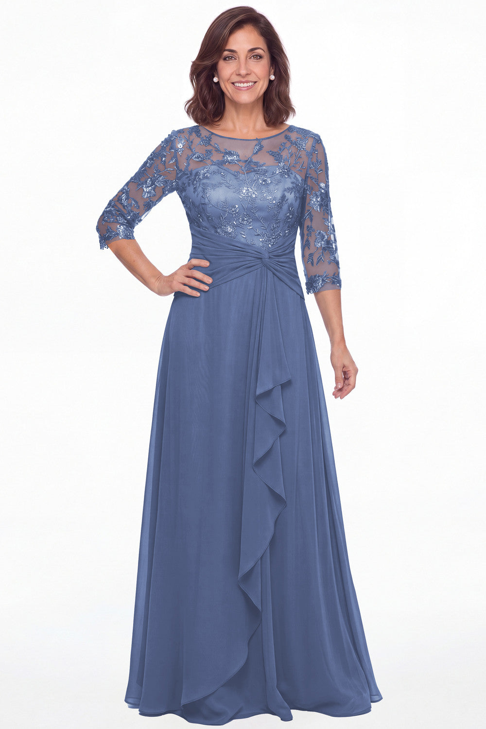 Steel Blue Illusion Lace Ruffle Chiffon A-Line Maxi Gown - Front View
