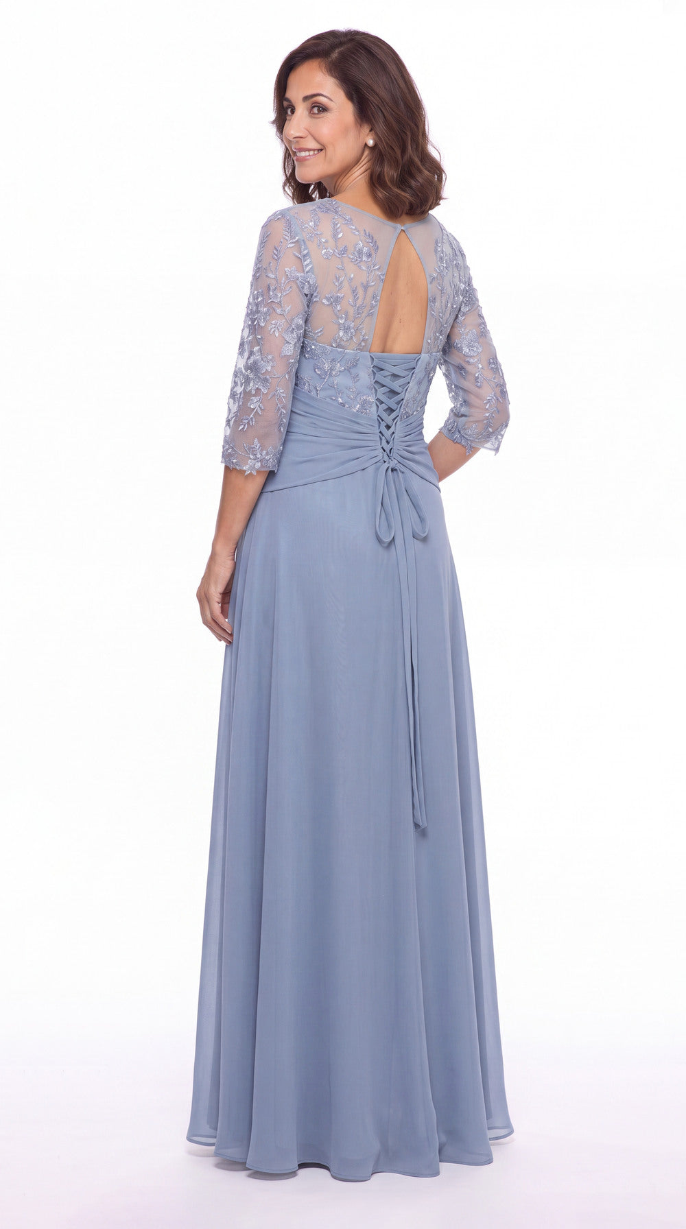 Black Illusion Lace Ruffle Chiffon A-Line Maxi Gown - Front View