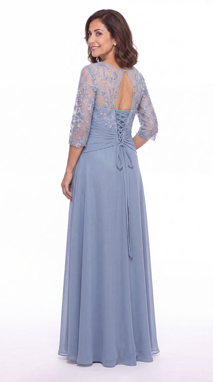 Black Illusion Lace Ruffle Chiffon A-Line Maxi Gown - Front View