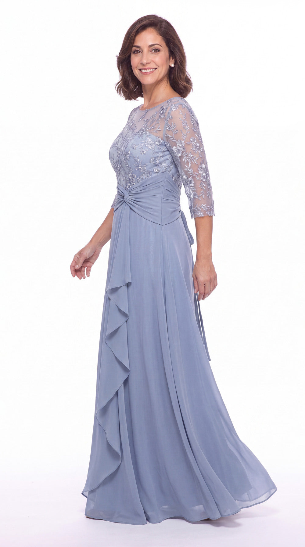 Illusion Lace Ruffle Chiffon A-Line Maxi Gown - Detail View 2