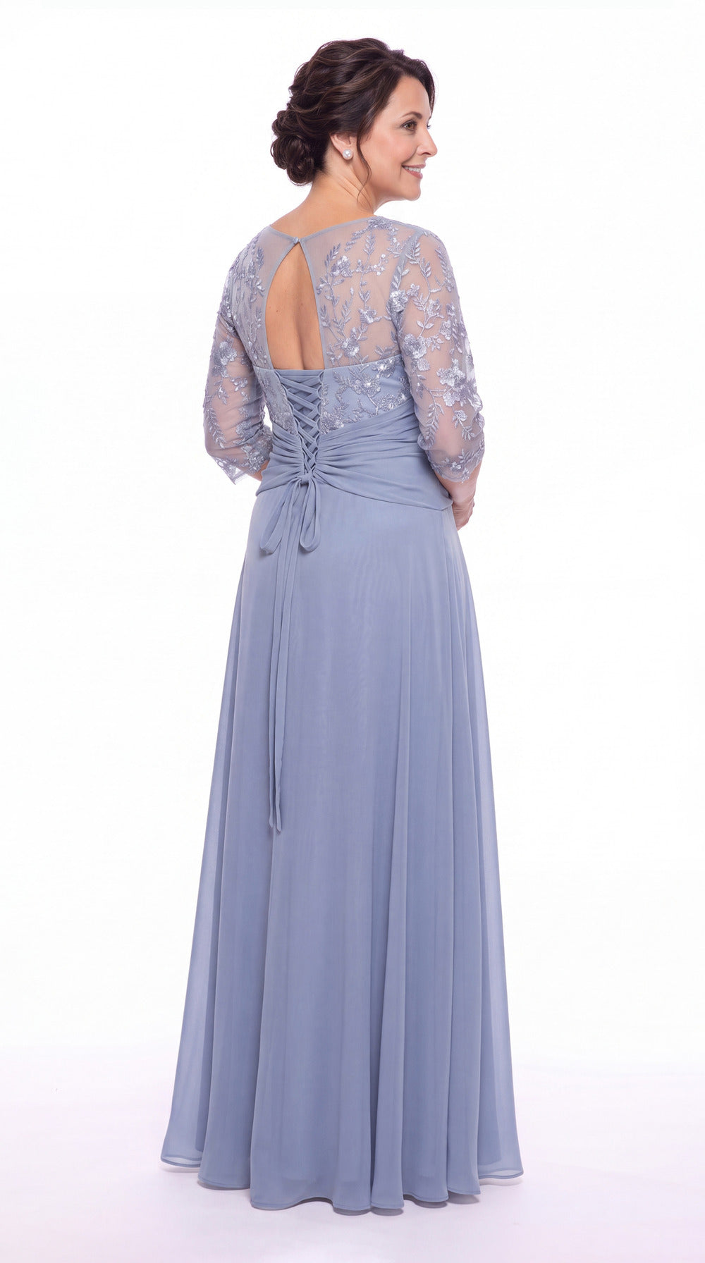 Illusion Lace Ruffle Chiffon A-Line Maxi Gown - Detail View 3