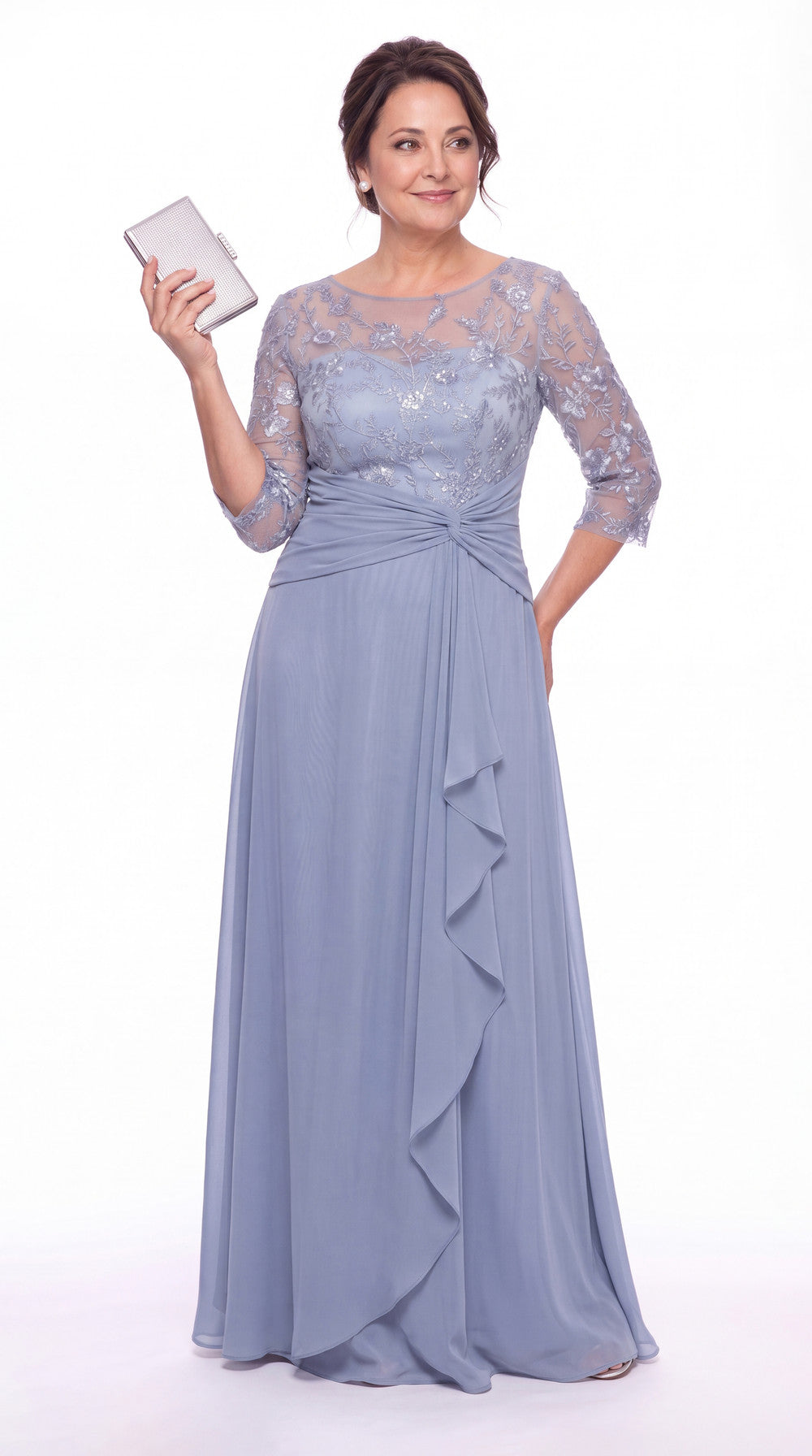 Illusion Lace Ruffle Chiffon A-Line Maxi Gown - Detail View 4