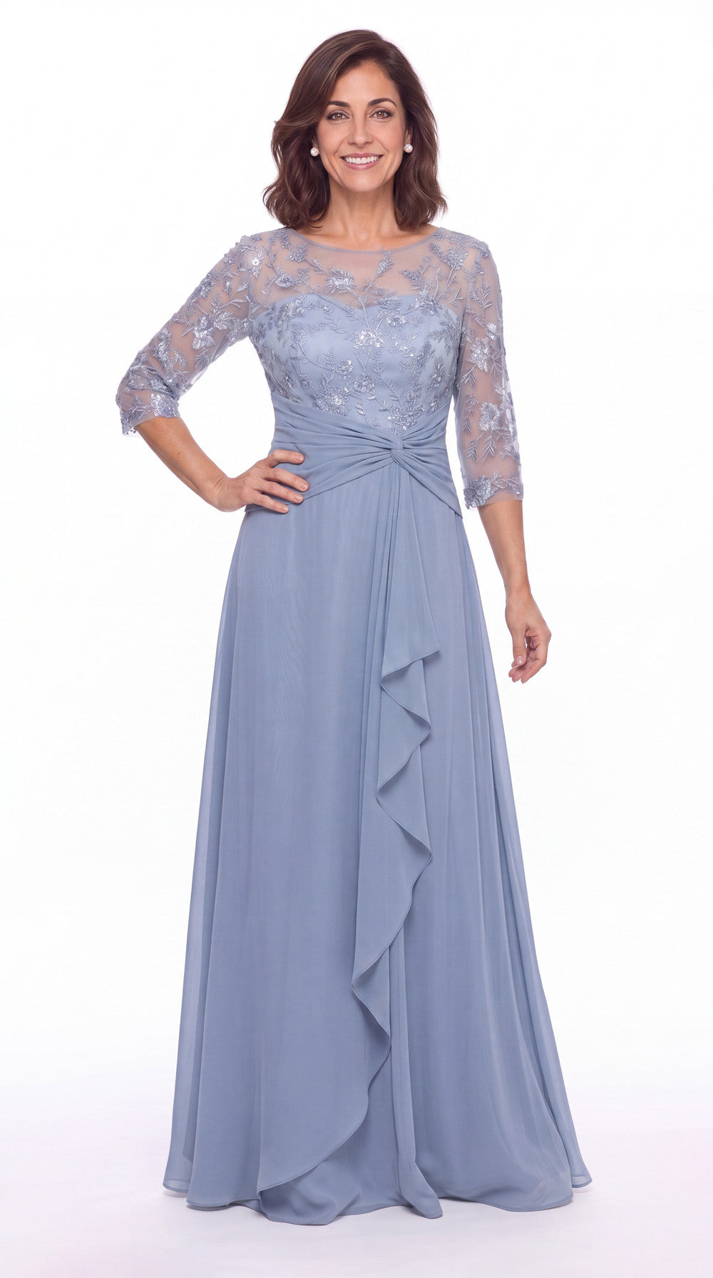 Illusion Lace Ruffle Chiffon A-Line Maxi Gown - Detail View 5