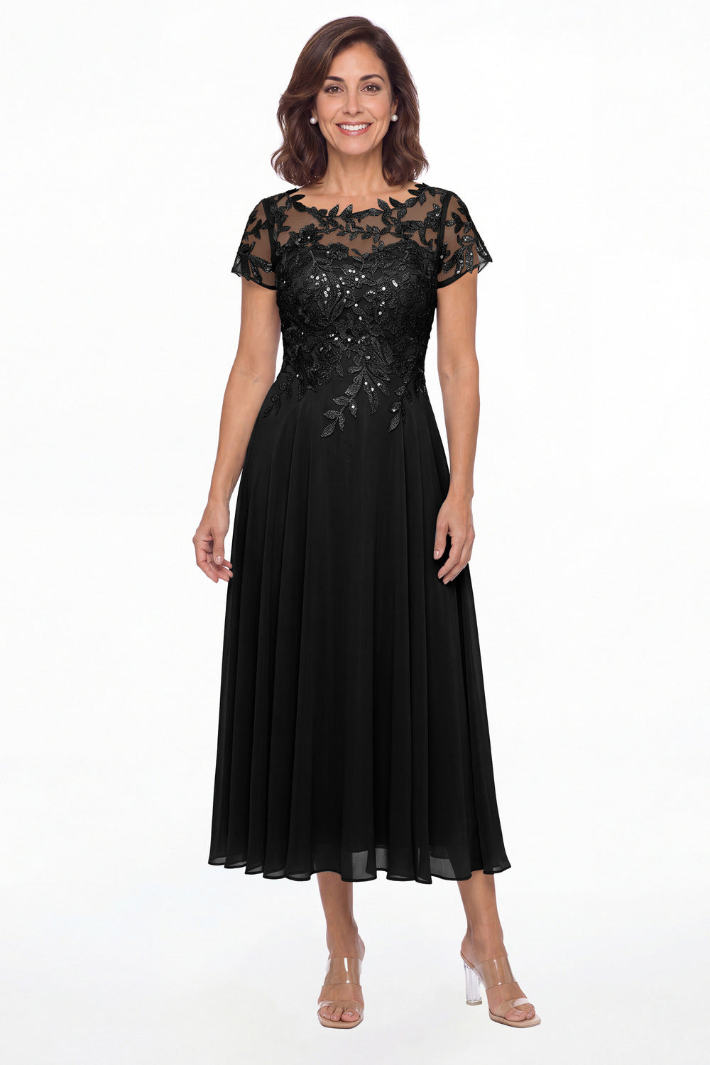 Black Illusion Lace Chiffon A-Line Midi Dress - Front View