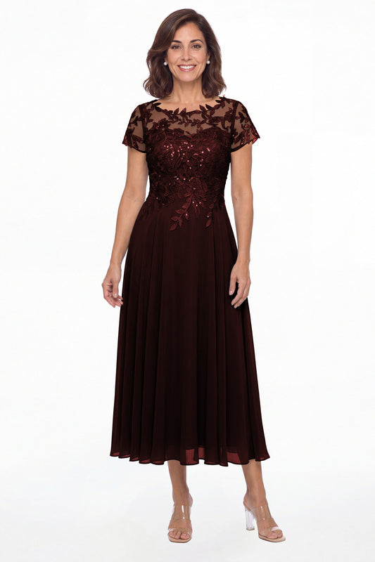 Burgundy Illusion Lace Chiffon A-Line Midi Dress - Front View