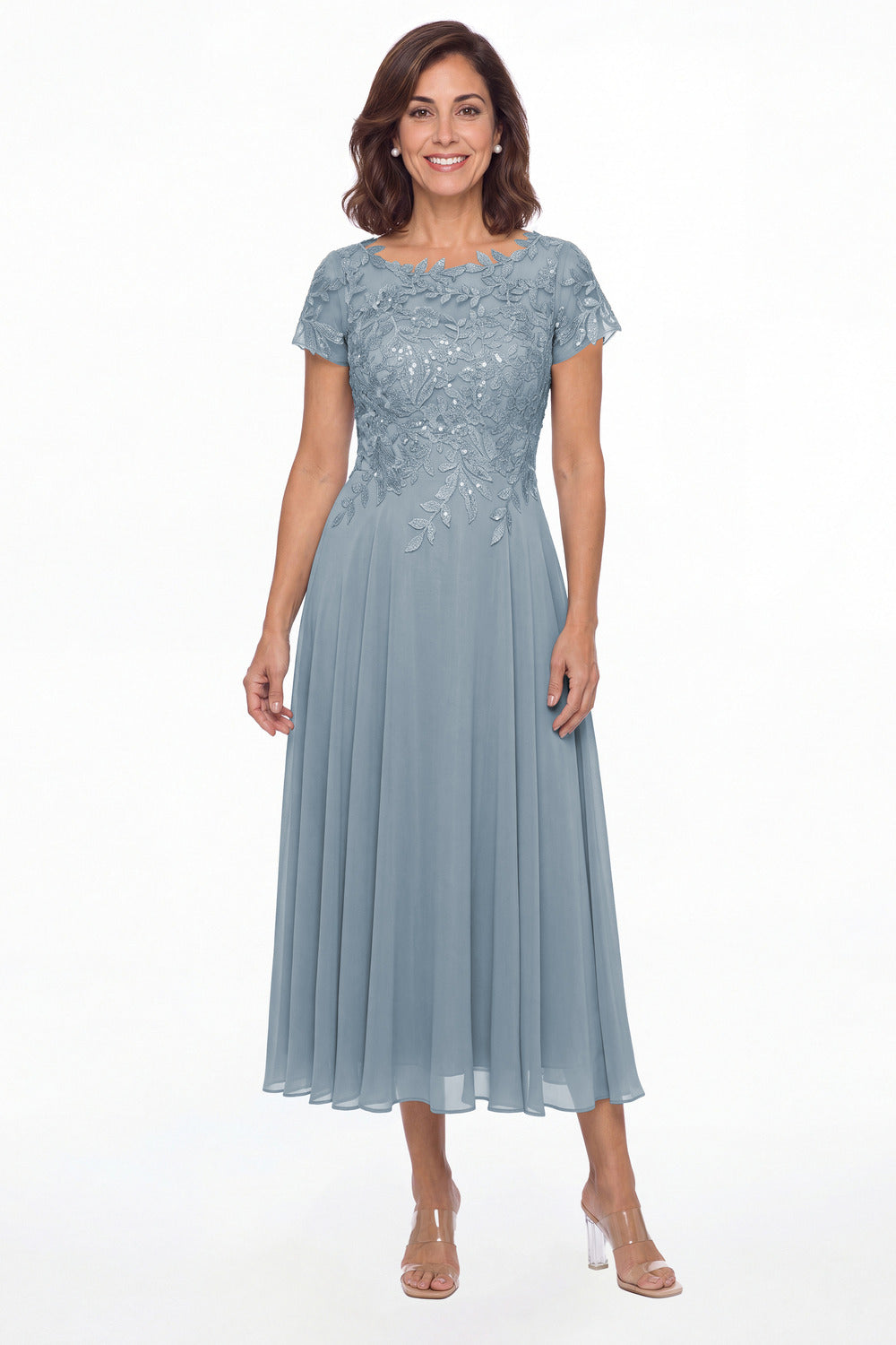 Dusty Blue Illusion Lace Chiffon A-Line Midi Dress - Front View