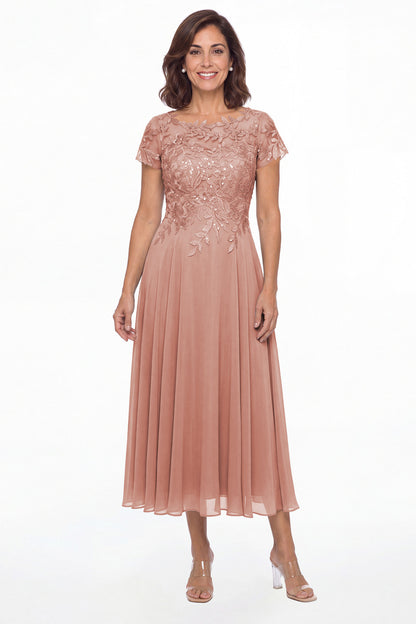 Dusty Rose Illusion Lace Chiffon A-Line Midi Dress - Front View