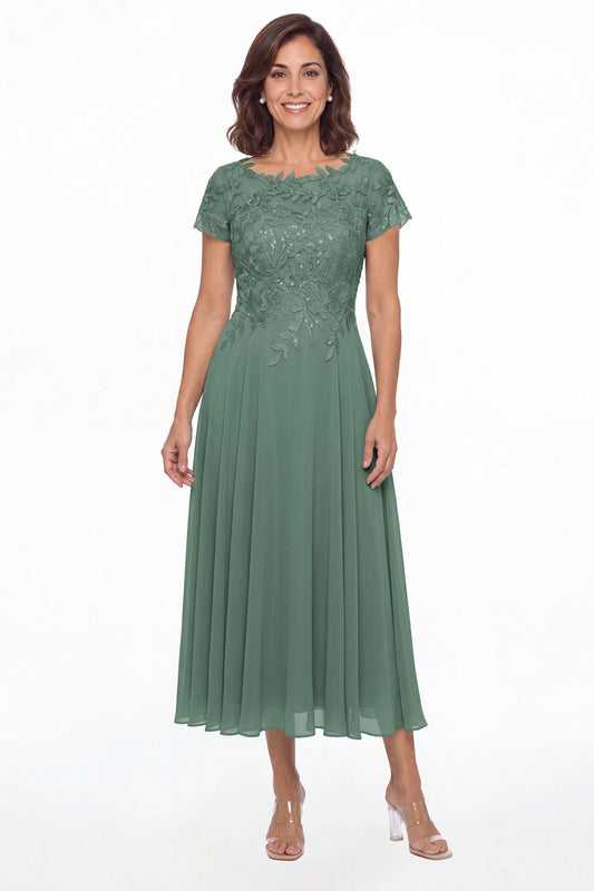 Eucalyptus Illusion Lace Chiffon A-Line Midi Dress - Front View