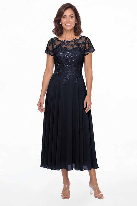 Navy Blue Illusion Lace Chiffon A-Line Midi Dress - Front View