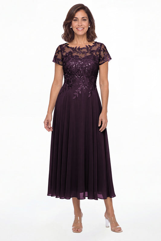 Plum Illusion Lace Chiffon A-Line Midi Dress - Front View