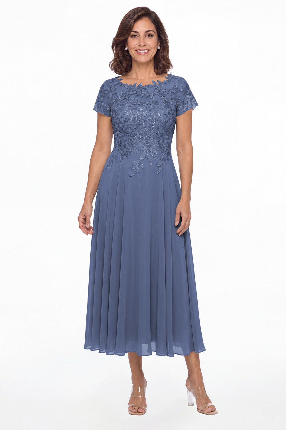 Steel Blue Illusion Lace Chiffon A-Line Midi Dress - Front View