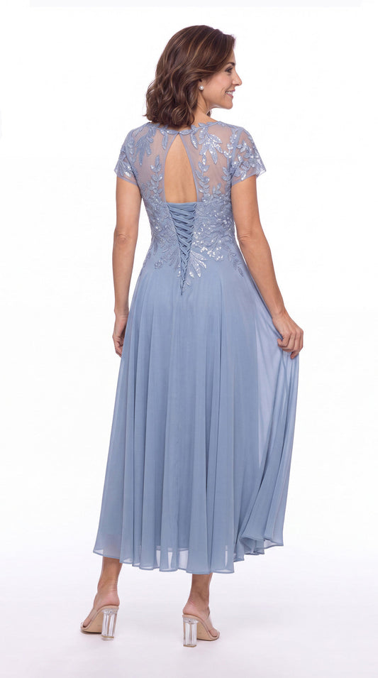 Illusion Lace Chiffon A-Line Midi Dress - Back View