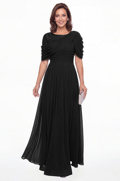 Black Scoop Sequin Chiffon A-Line Maxi Gown - Front View