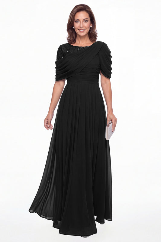 Black Scoop Sequin Chiffon A-Line Maxi Gown - Front View